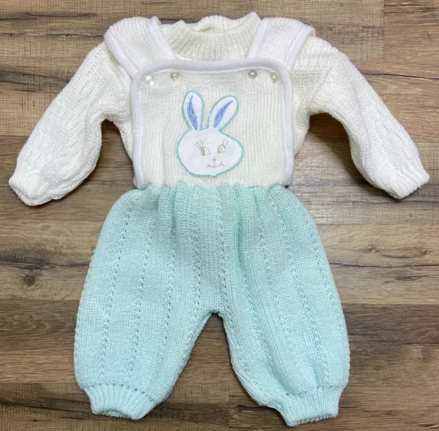 Vintage Knit 2 Piece Outfit Sweater & Overalls Jumpsuit Baby 0-6 Months Bunny