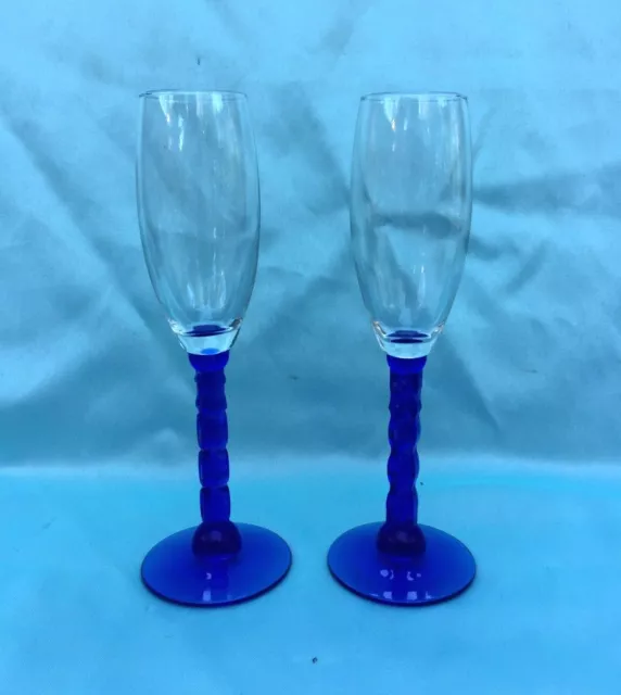 2 Vintage Collectible 9"Cobalt Blue Glass Stem Champagne Wine Goblets- Nice!!