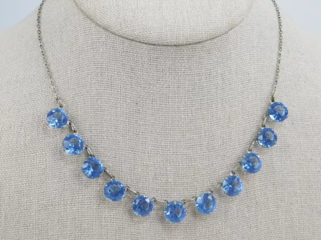 VTG Art Deco Corn Flower Blue PASTE STONE GLASS Riviere Necklace Silver Tone 15"
