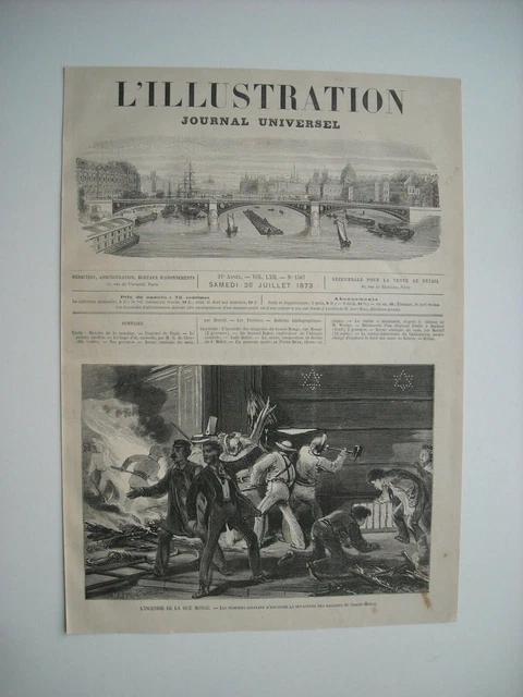 Gravure 1873. Paris. L’incendie Rue Monge. Les Pompiers Magasins Du Grand-Conde.