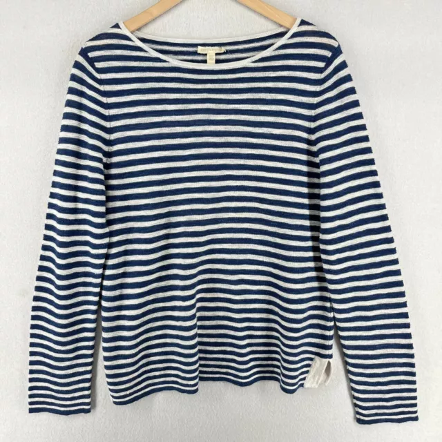 EILEEN FISHER Sweater L Organic Linen Cotton Striped Boat Neck Long Sleeve Blue