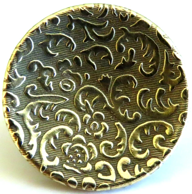 ANTIQUE VICTORIAN GILT BRASS BUTTON w/LOVELY FLORAL BROCADE DESIGN