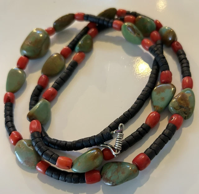 Indian Necklace In Turquoise, Coral and Natural Black Beads, Circa 1970’s.