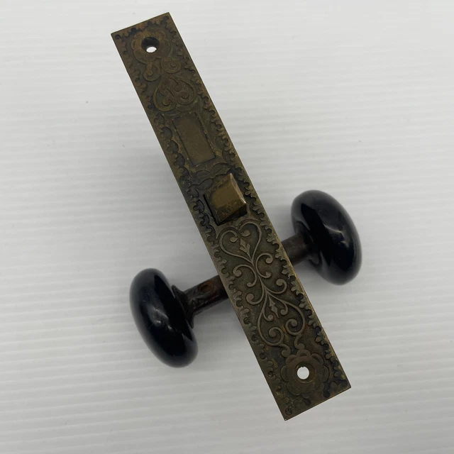Vintage Brass Pocket Door Mortise Lock Pull Salvage Ornate Flower Black Knobs