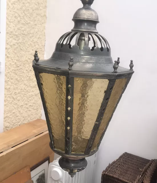 French Lantern Antique Pendant Ceiling Light Fixture Porch Amber Glass Metal
