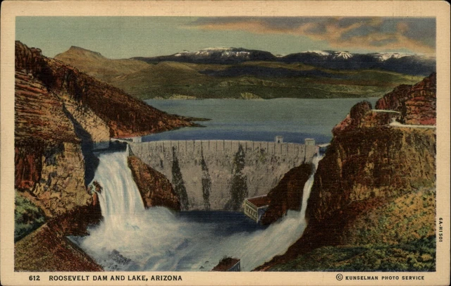 Roosevelt Dam & Lake Arizona ~ aerial view ~ mountains ~ linen postcard sku013