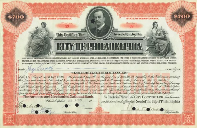 USA CITY OF PHILADELPHIA LOAN  stock certificate/bond $700