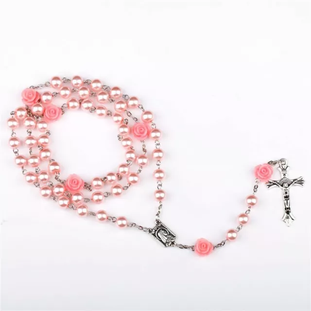PINK FAUX PEARL ROSARY 28" Necklace 6" Drop 6mm Prayer Beads Catholic Crucifix