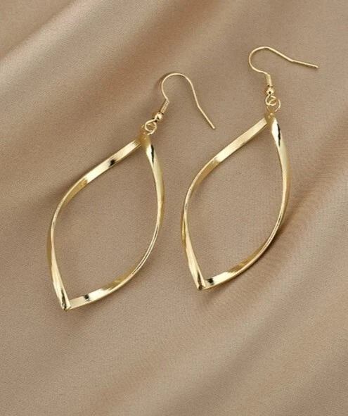 Gold Spiral Twist Curved Long Earrings Drop Dangle 3"