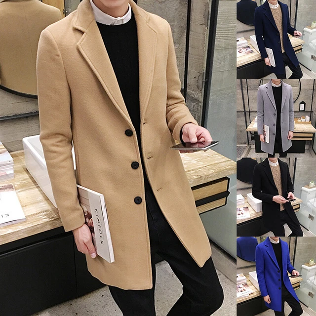 Mens Double Breasted Overcoat Long Jacket Outwear Winter Warm Woolen Trench Coat