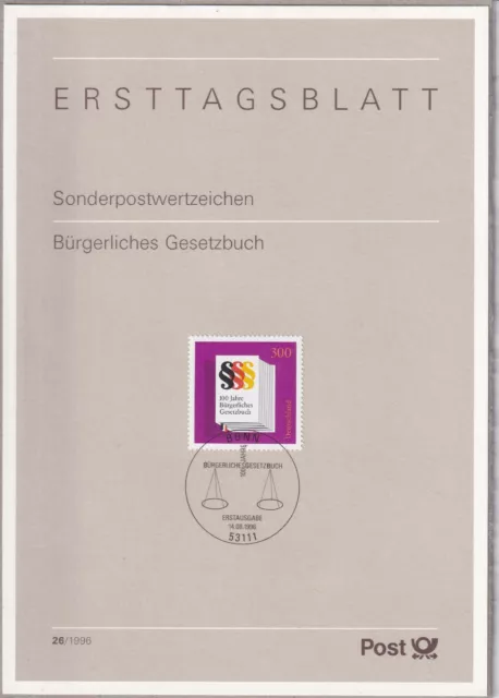 Ersttagsblatt ETB 26/1996 - "100 Jahre Bürgerliches Gesetzbuch" - Stempel Bonn