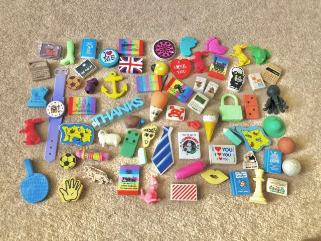 Job Lot Bundle 70 Vintage 80’s Novelty Pencil Erasers Rubbers Collection