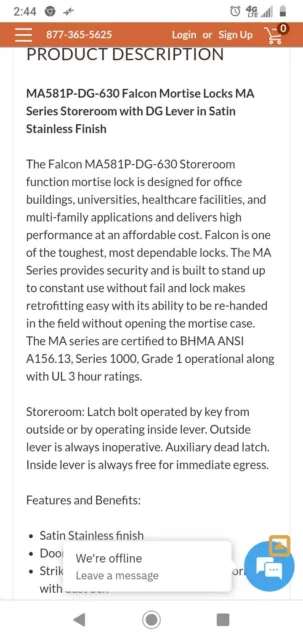 Falcon Ma581dc Dg630 Storeroom/Exit Lock kit 3