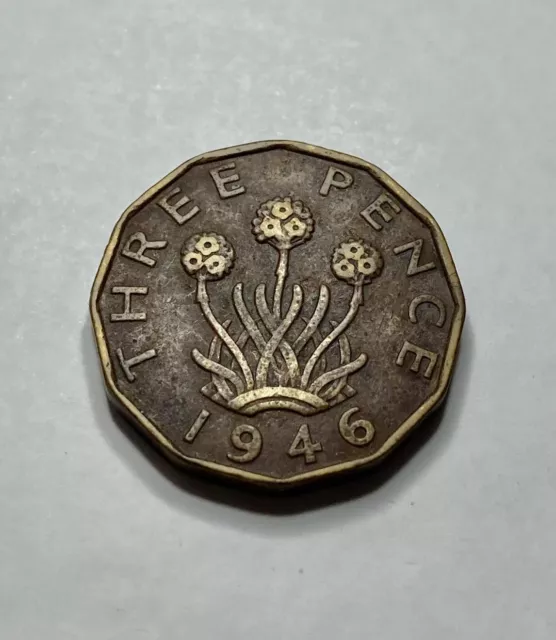 UK Great Britain 3 Pence (Three Pence) Coin, 1946 key date of KM-849 series