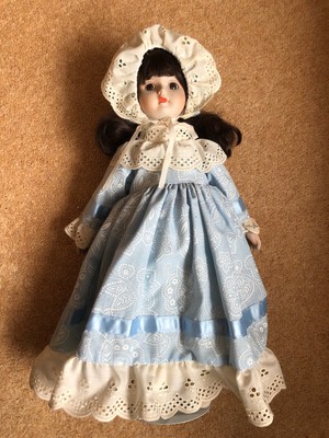 Porcelain Doll Vintage 1980's With Metal Stand Brunette With Blue Dress VGC