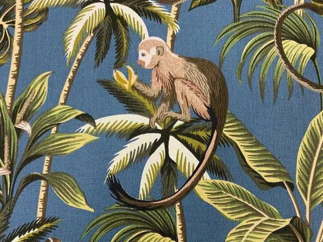 Exotic Palm Monkey Cotton Smoke Blue Curtain/Upholstery/Roman Blind Fabric