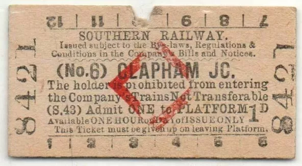 Southern Railway Platform Ticket Clapham Jc. (No.6) (S.43)