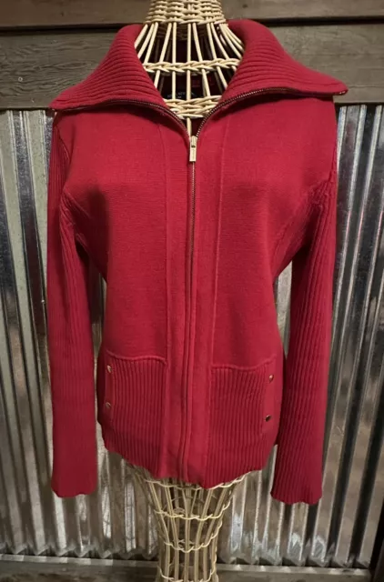 Jones New York Sweater Women’s Medium Cardigan Full Zip Pockets Red Cotton