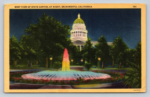 c1950 West View Of State Capital At Night Sacramento, CA VINTAGE Postcard