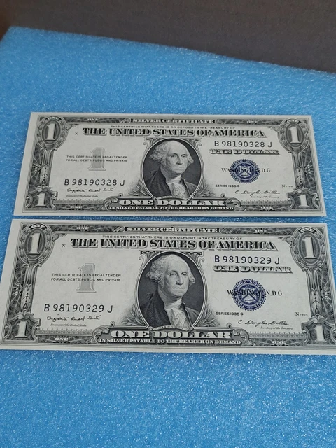 TWO CONSECUTIVE $1.00 1935 G Silver Certificate (HIGHER GRADE AU) crisp