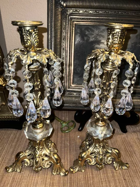 Pair Vintage Hollywood Regency Style Ornate Gold cast Brass Candlestick Holders