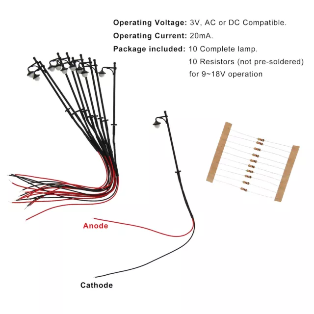 10pcs Model Railway N Gauge 1:160 Lamp Post Street Lights Warm LEDs 1.85In LYM21 2