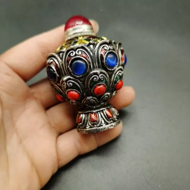 Pure Copper Snuff Bottle with Gemstones on Both Sides of The Snuff Bottle