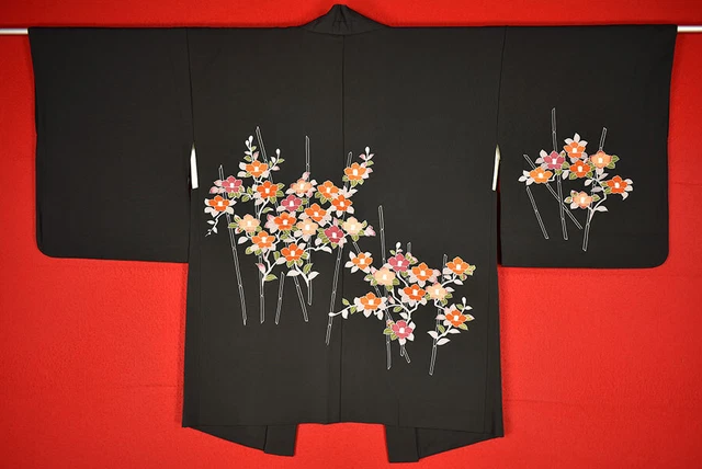 Vintage Japanese Kimono Silk Antique BORO Black HAORI Kusakizome Dyed/B816/590