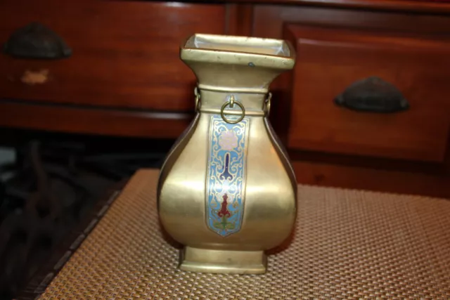 Chinese Asian Bronze Brass Urn Vase Cloisonne Accents Marked Bottom