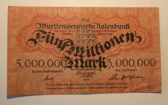 1923 Inflation 5 Millionen Mark Württembergische Notenbank Stuttgart Länderbank