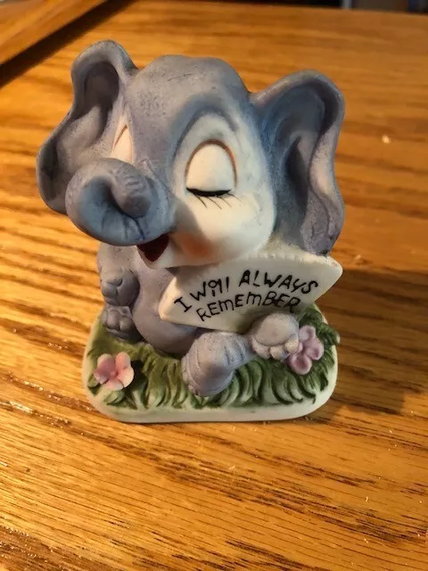 VINTAGE CERAMIC KITSCHY ELEPHANT FIGURINE w/  "I WILL ALWAYS REMEMBER"  TAIWAN