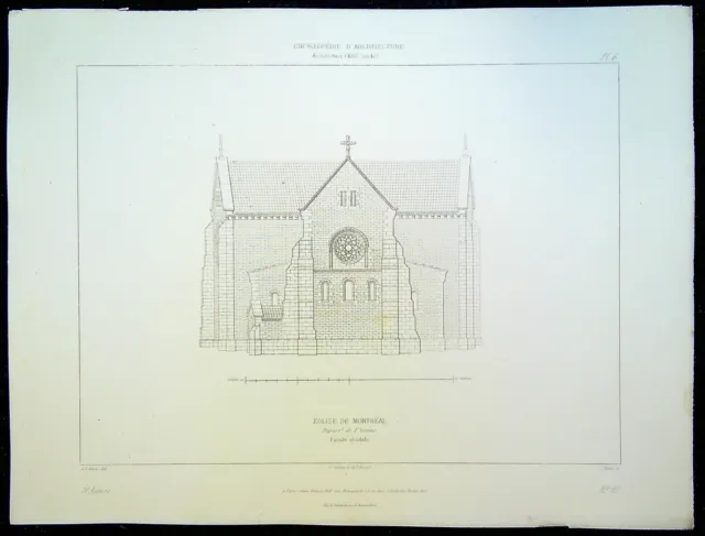 Ancienne Gravure d'Architecture Eglise de Montreal (Yonne) Façade absidale
