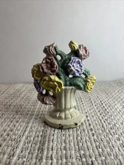 Cast Iron Doorstop Flower Basket 5" Short Small Purple Yellow Mini 1 Lb Unmarked