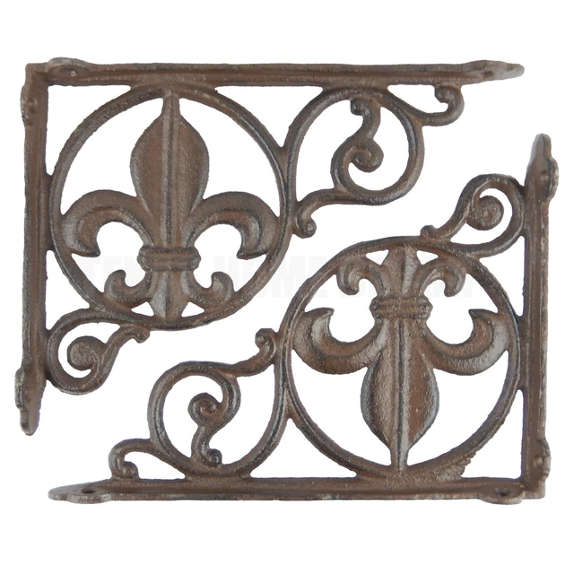 2 Fleur De Lis Shelf Brackets Cast Iron Braces Rustic Brown 9 x 6.5"