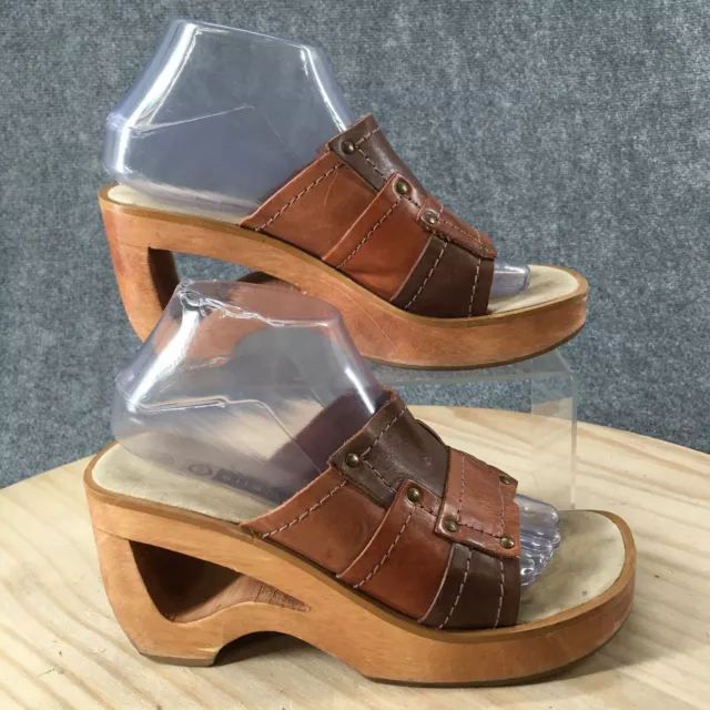 Ellemenno Sandals Womens 8.5 Slides Brown Leather Wood Wedge Open Toe Casual