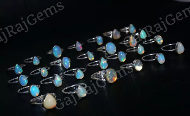 25 PCs Natural Fire Ethiopian Opal Gemstone 925 Silver Plated Ring Jewelry Lot.