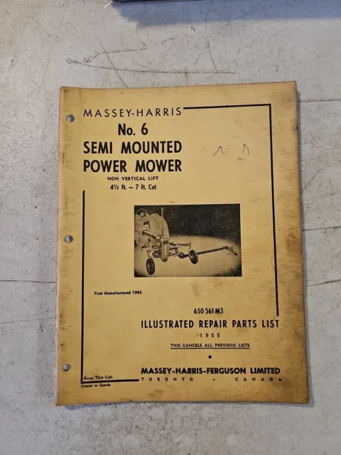 Vintage 1955 Massey Harris 6 Semi Mounted Mower Illustrated Repair Parts List