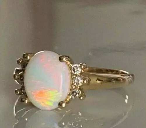 2CT OVAL CUT Lab Created Fire Opal Women's Wedding Rings 14K Yellow ...