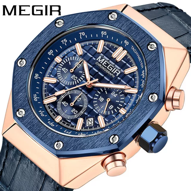 MEGIR Chronograph Watch for men Blue Leather Strap Waterproof Quartz Wristwatch