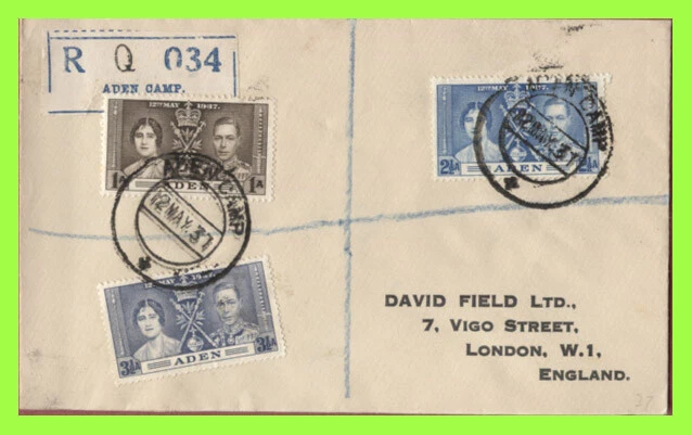 Aden 1937 KGVI Coronation set on printed reg. First Day Cover, Aden Camp