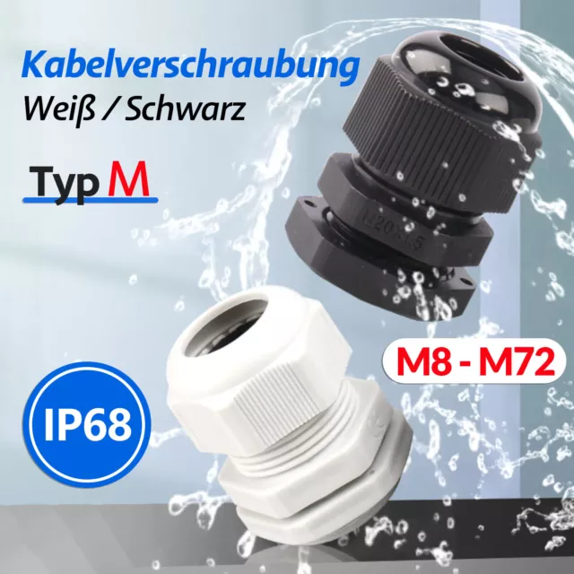 IP68 Kabelverschraubung M8 M10 M12 M14 M16 M18 M20 M22 M24 bis M72 Weiß/Schwarz