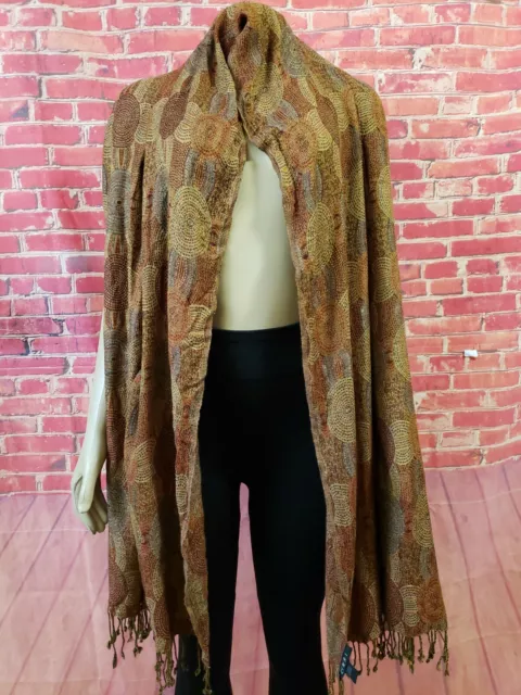DIMRI  Multi Color Geometric Red & Brown Fringe Neck Scarf 82"X28”