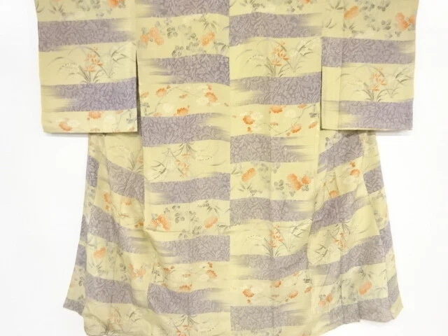 41067# Japanese Kimono / Antique Juban / Kinsha / Stripe & Floral Plants