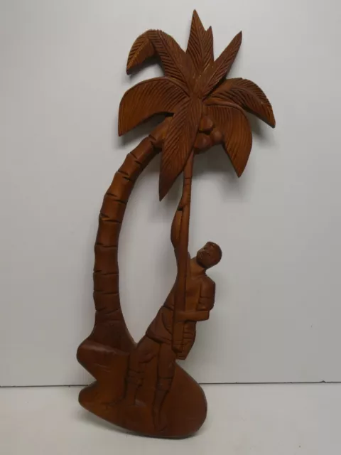 Vintage Wooden Carved Wall Panel Plaque Statue Man Palm Tree Kitsch Retro Bar