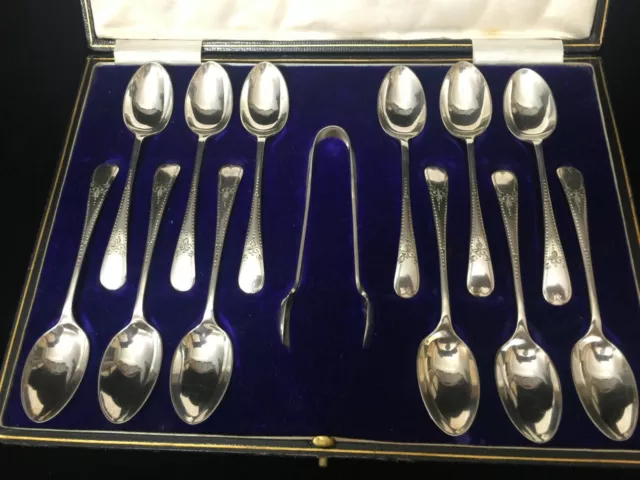 Antique J S Sheffield Silverplate 12 Coffee Tea Spoons & 1 Sugar Tongs w/Box 3