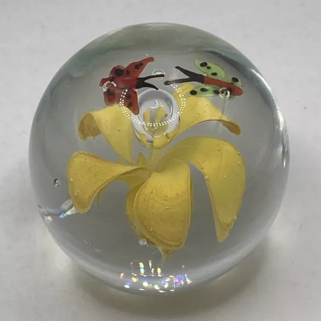 Vintage Art Glass Yellow Orchid Red Green Butterfly Paperweight
