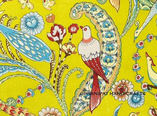 Indien Paon Imprimé Boho Coton Jaune Doux de Luxe Robe Faisant Tissu Par Yard