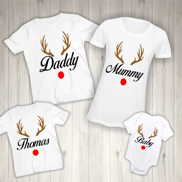 T-shirt natalizie familiari abbinate personalizzate, nome corna renna top bambini