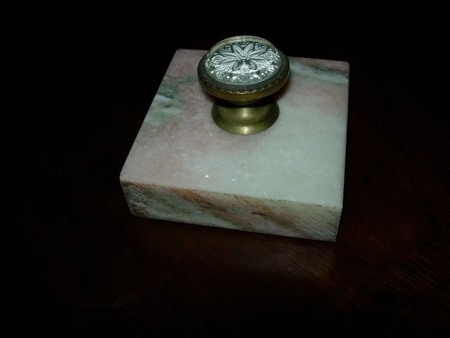 Incredible Antique Pink Marble Paperweight Sulphide Glass & Brass Handle  Early