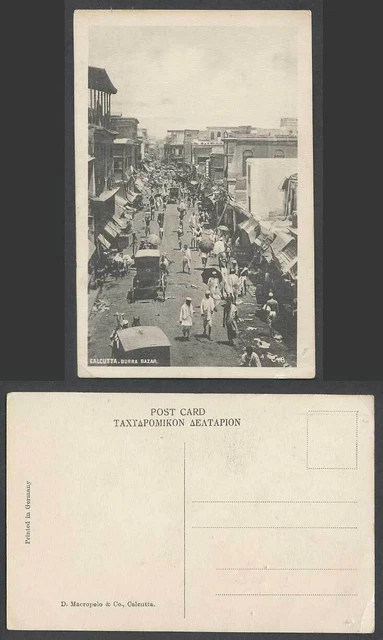 India Old Postcard BURRA BAZAR Calcutta Native Market Street Scene Carts Animals
